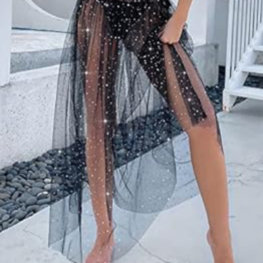 SHEIN Black Sheer MeshMaxi Skirt, Silver And Gold Stars Sz M